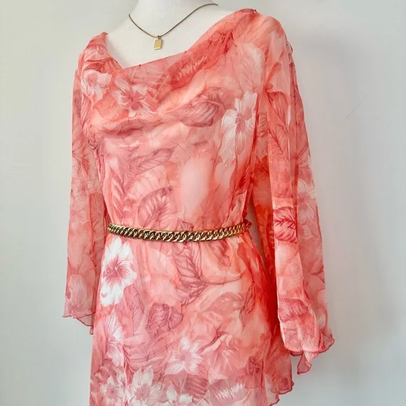 Vintage Picadilly Orange and Pink Floral Asymmetrical Sheer Blouse 3/4 Sleeves - Picture 13 of 15